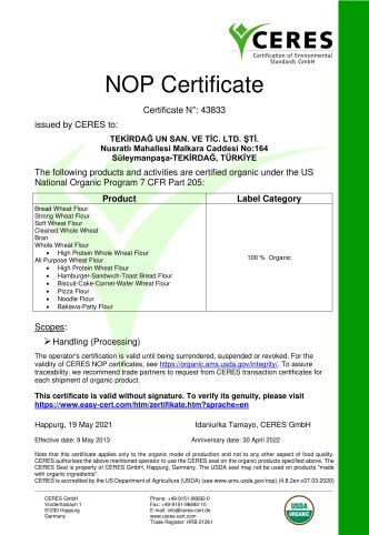 CERTIFICATS BIOLOGIQUES NOP 2021