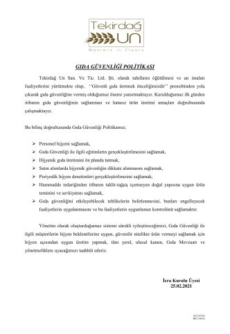 GIDA GÜVENLİĞİ POLİTİKAMIZ