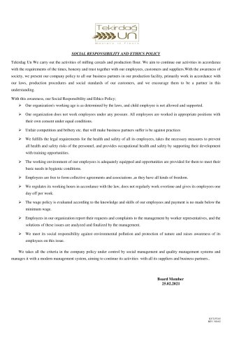 OUR SOCIAL RESPONSIBILITY AND ETHICS POLICY