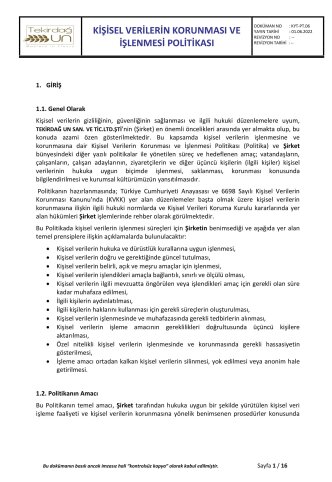 KİŞİSEL VERİLERİN KORUNMASI VE İŞLENMESİ POLİTİKAMIZ